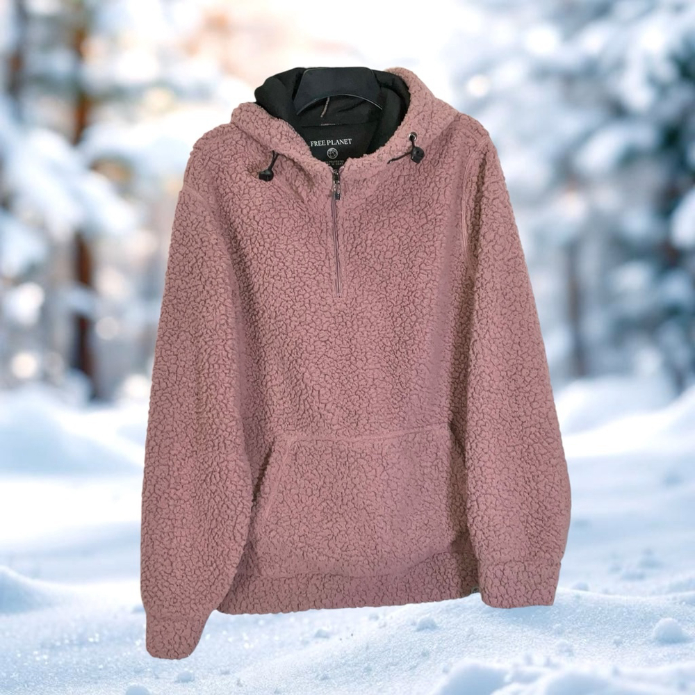 Free Planet Brownish Mauve Fleece Pullover Hoodie w Bungee Strap at Hood Women L